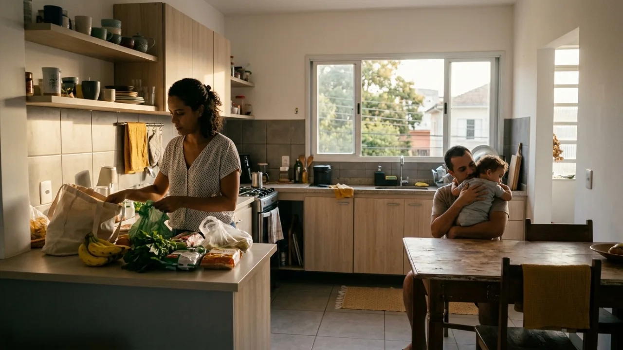 Duas pessoas adultas dividindo a rotina de uma casa no fim do dia.
