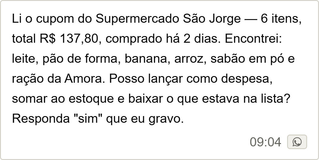 Resumo de um cupom fiscal lido item a item, com valores e o botão de confirmar antes de gravar.
